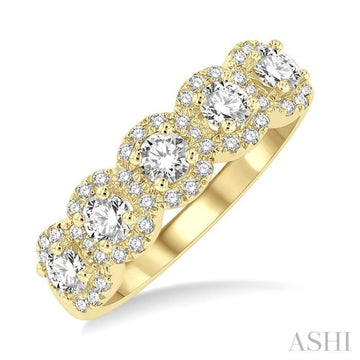 1 Ctw Circular Shape 5 Stone Round Cut Diamond Halo Wedding Band in 14K Yellow Gold